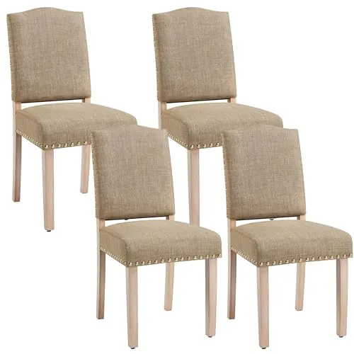 Yaheetech Juego de 4 Sillas de Cocina Tapizada de Tela Patas Madera Khaki | Silla de Comedor Respaldo Alto, Silla de Cocina Tapizada de Tela, Diseño Clásico, Asiento Acolchado, para Salón y Cocina