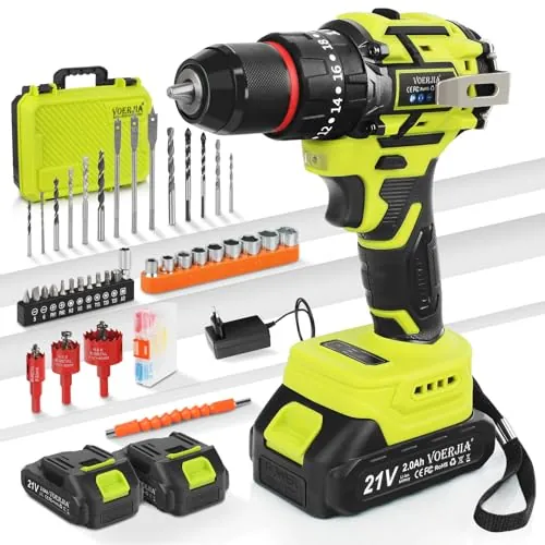 VOERJIA Taladro Percutor a Batería 21V, Taladro Atornillador Eléctrico con Motor Brushless, 2 Baterías 2000mAh, 65Nm Par Máx, 20+3 Ajustes, 2 Velocidades, Mandril 10mm, LED, 46 Accesorios, Maletín