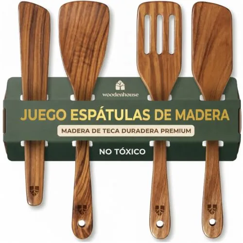 Espátulas Madera para Cocinar, Juego de 4, Pala Volteadora y Raspador