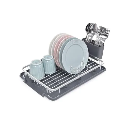 Amig - Escurreplatos Ezzik - 41,7 x 28,7 x 6 cm - Aluminio y Plástico - Color Gris - Escurreplatos con Bandeja para Goteo y Soporte para Cubiertos - Capacidad para 8 Platos, Vasos y Cubiertos