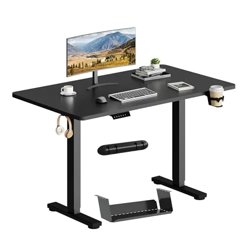 SANODESK Escritorio Elevable Eléctrico 110cm con Tablero Entero,Regulable en Altura con Memoria, Estable y Silencioso,Soporte hasta 100 kg, con Gancho y Portabotella,Oficina y Hogar(Negro)