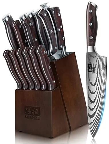 SHAN ZU Juego de Cuchillos Cocina, 16 Piezas Set Cuchillos Cocina Profesional de Acero Inoxidable de Alto Carbono, Juego de Cuchillos con Bloque de Madera, Afilador, Cuchillo de Chef, Santoku, Tijeras
