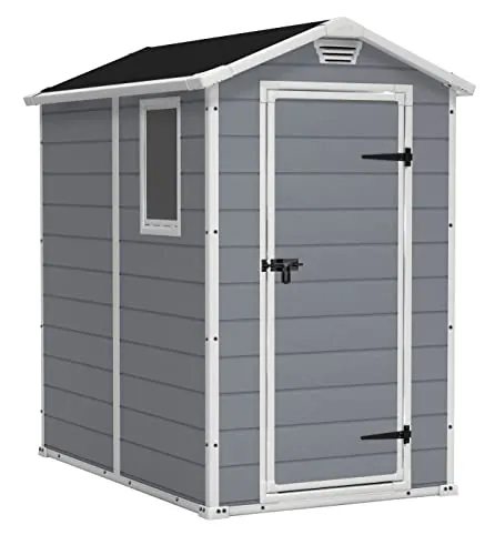 Keter Manor 4X6 - Caseta de jardín, 130x192x198cm y 2,2m2, Suelo, Sistema de ventilación, Puerta y Ventana, Resistente al Agua, Color Gris