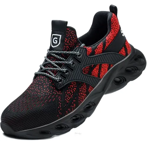 Zapatos de Seguridad de Hombre y Mujer Transpirable Antideslizante Zapatillas Deportivas Ligeras Anti-aplastamiento con Punta de Acero Zapatillas de Seguridad Negro Rojo 41 EU