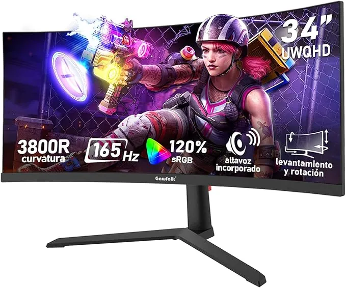 Gawfolk Monitor Gaming Curvo ultrawide de 34 Pulgadas, 165 Hz, Pantalla 3800R 21:9 UWQHD (3440×1440), 120% sRGB, 1 ms, Adaptive Sync, DisplayPort, HDMI, Soporte Ajustable en Altura - Negro