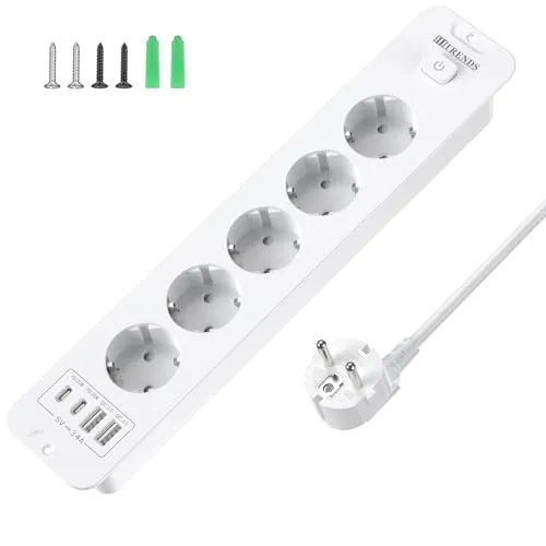 Toma de Empotrar Corriente con 2 USB y 2 Type-C, 5 Tomas Enchufes Multiple Empotrada de Sobremesa con Interruptor, Regleta de Enchufes Empotrada con Cable de 2M para Muebles de Encimera, Blanco