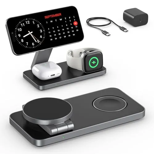 EXW Cargador inalámbrico magnético 3 en 1 Cargador portátil Plegable para iPhone 17/16/15/14/13/12 AirPods Apple Watch Adaptador de Cable 20W (Negro)