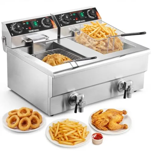 VEVOR Freidora Eléctrica Comercial 3000 W 2 Tanques 2 x 11 L, Freidora de Aceite de Acero Inoxidable con 2 Cestas para Freír Temperatura y Tiempo Ajustables, para Aros de Cebolla, Patatas Fritas