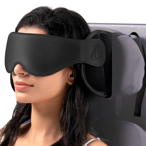 Bonairest Almohada de Viaje, Almohada Cervical para Avión con Mascarilla 3D | Almohada Cuello Viaje Soporte de Cabeza 360° con Correa para Asiento, Ideal para Vuelos Largos y Viajes en Coche, Negro