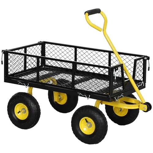 Outsunny Carro de Jardín Basculante Carga 200 kg Carro para Playa con Paneles Laterales Desmontables Mango Giratorio de 180° y 4 Ruedas Neumáticas Grandes de Goma Negro y Amarillo