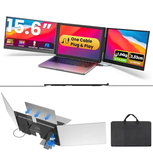 Kwumsy Monitor Portátil 15,6 Pulgadas, Triple Pantalla para Portátil, Plug & Play con un Solo Cable USB-C, Extensor de Pantalla FHD 1080P IPS, Compatible con Portátiles de 13 a 17,3", Mac y Windows
