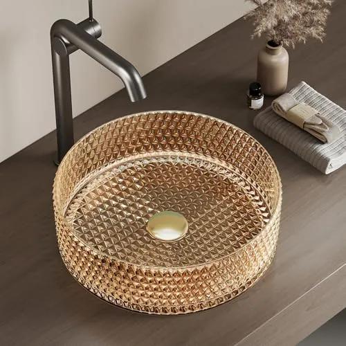 EMKE Lavabo Sobre Encimera de Cristal Redondo 36x36 cm,Oro Rosa