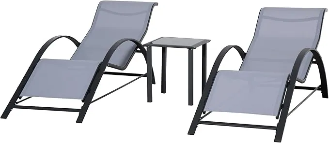 Outsunny Set de 2 Tumbonas Jardín Exterior con Mesa Auxiliar de Vidrio Templado Tumbonas con Respaldo Reposabrazos para Patio Piscina Terraza Exterior Gris