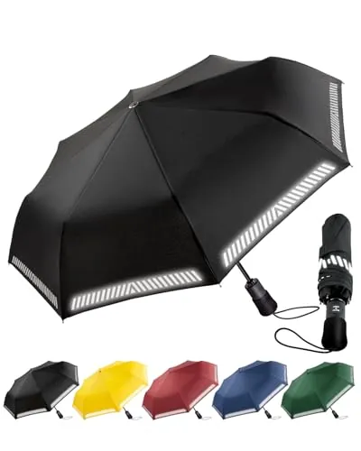 Chakipee Paraguas Plegable Reflectante - Antiviento Automatico Resistente Al Viento Compacto - para Mujer y Hombre Paraguas de Viaje 8 Varillas Negro Compacto y Fuerte