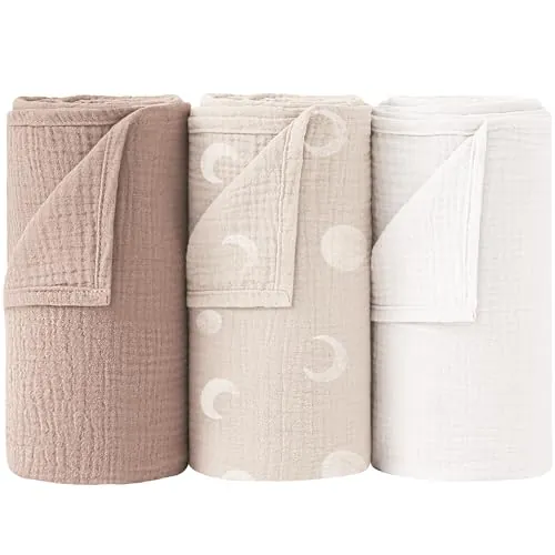 Bearmoss 100% Algodón Mantas Envolventes de Muselina para Bebé 3PCS, Mantas Swaddle de Muselina de Algodón Bebé Recien Nacido,Muselina Manta Bebé Suave y Transpirable para Bebé,96x102cm (Luna Blanca)