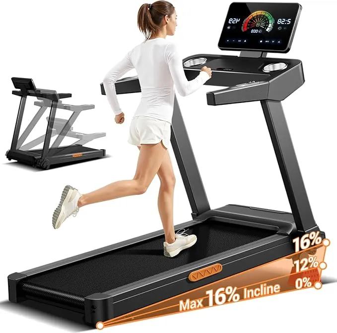 UMAY Cinta de Correr Plegable con Inclinación 16%, 14 KM/H Cinta de Andar con Frecuencia Cardíaca, 3.5HP Caminadora Electrica para Casa con Pantalla LED, Capacidad de 180kg