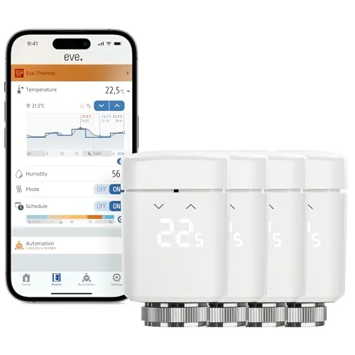 Eve Thermo (Matter, 4ª Gen) Lote de 4: Válvula termostática Inteligente para radiador, Control automático de Temperatura, Apple Home, Alexa, SmartThings, Google Home, req. Router de Borde Thread