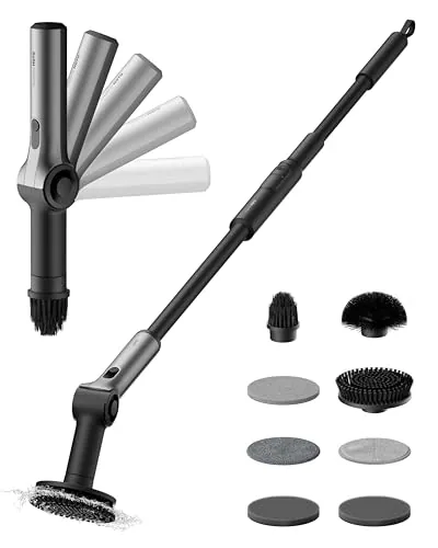 HOTO Cepillo Eléctrico Limpieza Hogar - Mango Extensible con Ángulo Ajustable, IPX7, Incluye 8 Cabezales Reemplazables para Limpieza Profunda de Baños, Azulejos y Superficies