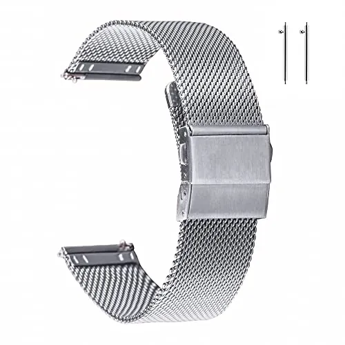 EACHE Correas de reloj de malla de acero inoxidable plateado de 18 mm para mujeres Hombres Correas de reloj de malla ajustables de liberación rápida