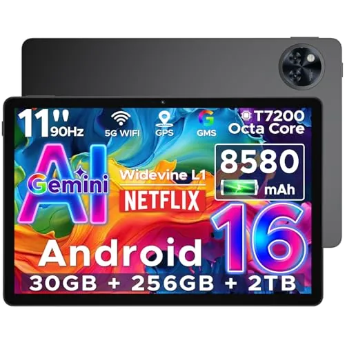 DOOGEETab U11 Pro Tablet 11 Pulgadas, 30GB RAM+256GB ROM+2TB TF, 8580mAh Tableta, Unisoc T7200 Octa-Core Tablet Android 16, 90Hz HD, Gemini AI, Widevine L1, Cámara 13MP/5G WiFi/3.5mm Audio/GPS