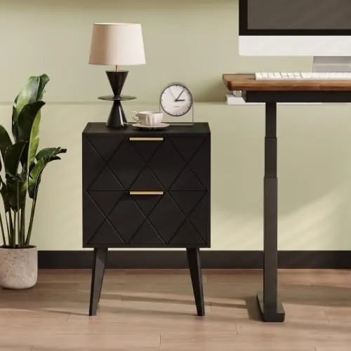 Mesita de Noche Negro con 2 cajones,Mesilla de Noche Moderno 40x30x57.8cm | Estilo Moderno Y Elegante,Fabricado En Madera,Estructura Estable Sin Vibraciones,Para Salón Y Dormitorio