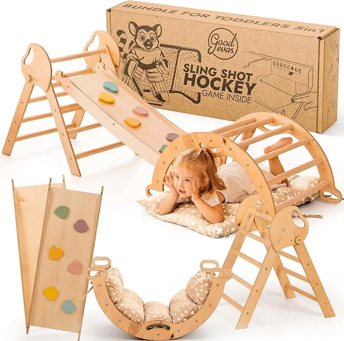 Goodevas Estructura de Escalada 5 en 1 para Niños - Escalera en Triángulo, Arco de Escalada, Balance Board y Cojín, Estructura de Escalada Montessori, Gimnasio de Madera para Niños de 1 a 3 Años