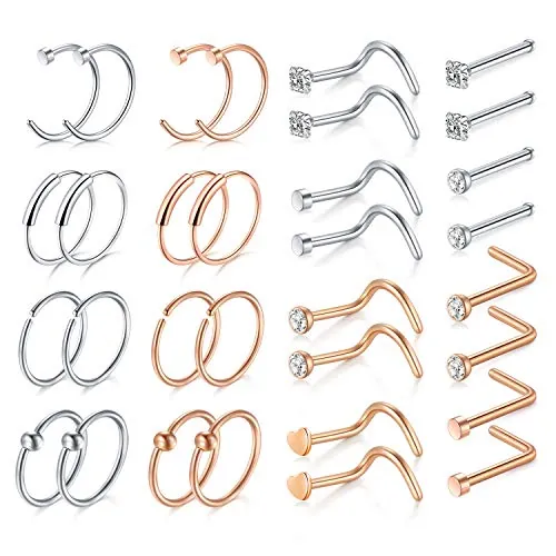 Mayhoop 32Piezas Piercing Nariz Aros Espárragos de Nariz 20G Acero Quirúrgico con CZ Anillos de Nariz Plata Oro rosa Mujer Hombre Joyería Piercing