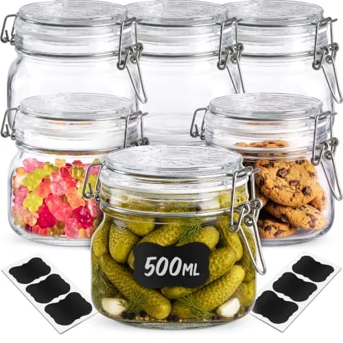 Praknu 6 Tarros de Cristal Herméticos 500 ml – Botes con Cierre de Clip