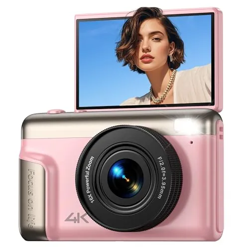 Camara de Fotos Digital 4K Compacta: 64MP Cámara Digital con Pantalla Abatible Flip180° De 3" Vlogging Camaras Fotográfica con 16X Zoom para Niños Adultos Estudiantes Rosa(No Incluye Tarjeta SD)