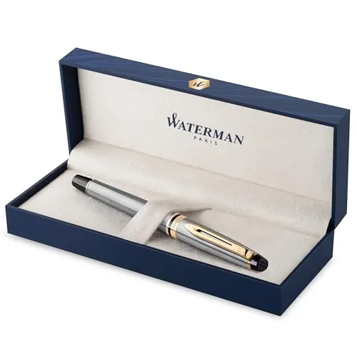 Waterman Expert pluma estilográficaacero inoxidable con adorno de oro de 23 quilatesplumín mediano con cartucho de tinta azulestuche de regalo