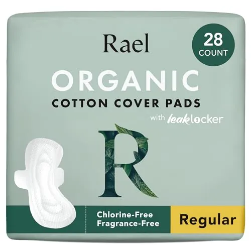 Rael Compresas con Alas de Funda de Algodón Orgánico - Menstruales, Postparto, Ultrafinas, Sin Fragancia, Sin Cloro, Veganas, Libres de Crueldad (Normal, 28 Unidades)