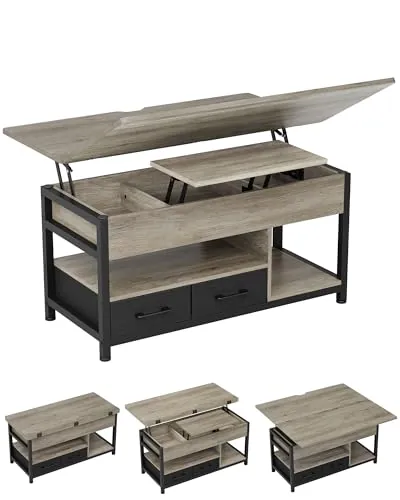 Mesa de Centro de Altura Ajustable, 3 en 1, Multifunción, Mesa de Salón, Mesas de Café con 2 Cajones, Almacenamiento Oculto, Compartimento Abierto, Mesas de Comedor, Sala de Estar, Oficina (Gris)