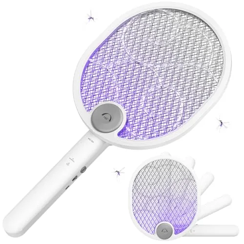 WOCVRYY Raqueta Mosquitos Eléctrico Plegable 4000V 1800mAh USB 3 en 1 Recargable Mosquito Killer Trampa Mosquitos Portátil 3 Capas Malla de Seguridad Base Soporte de Pared Interior Exterior