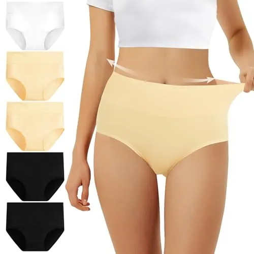 FALARY Bragas Algodón Mujer Cintura Alta Pack de 5 Negro Beige Blanco XL