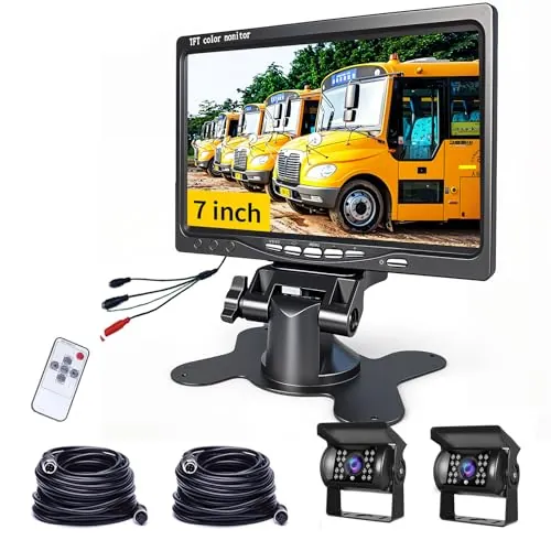 Camara Trasera Camion-Hodozzy Cámara de Marcha Atrás con Monitor LCD de 7 Pulgadas y 2* Cámara Visión Trasera Impermeable 18IR Visión Nocturna, con Cable para Camión/Remolque/Bús/Van/RV (12V-24V)