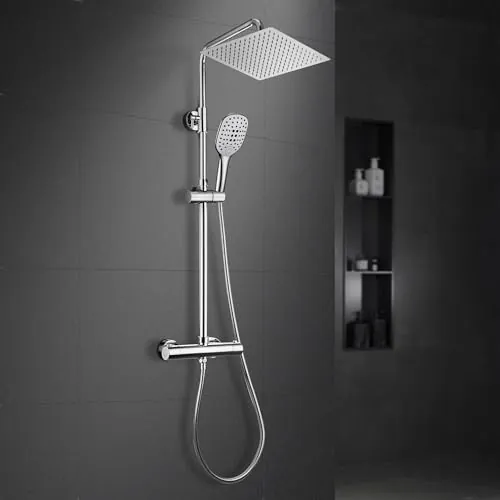 Görbach Columna Ducha con Grifo Termostático Set Ducha Acero INOX 304 con Mezclador Termostático, Sistema Ducha con Ducha Mano y Cuadrado Lluvia Cromado 25 * 25cm