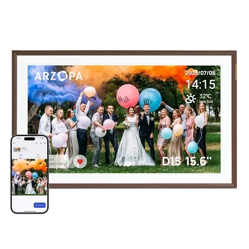 ARZOPA Marco de Fotos Digital 15.6 Pulgadas Nube Ilimitada Gratis FHD Pantalla Táctil Comparte Fotos Videos a Distancia Via App Marco Digital de Fotos Mejor Regalo para la Familia - D15 Marrón