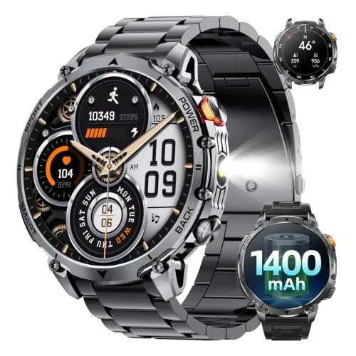Militar Reloj Inteligente Hombre, 1400 mAh, 1,7" Smartwatch, 2 Correas | Linterna LED, Brújula, 100＋Modos Deportivos, Seguimiento salud, Llamadas Bluetooth, Impermeable IP68 para iOS Android