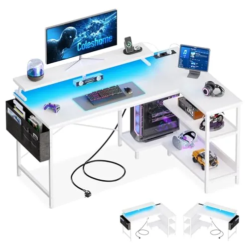 Coleshome Escritorio Gaming Esquinero con LED, 120x80cm, Blanco