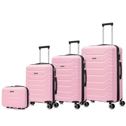 RAYKONG Conjunto de 4 Maletas ABS+PC|Neceser 29cm|Cabina 55x40x20cm|Mediana Expandible 20kg-23kg - 66x45x27.50-30cm|Grande Expandible 23kg-25kg - 75x49x31-33.50cm | RosaClaro