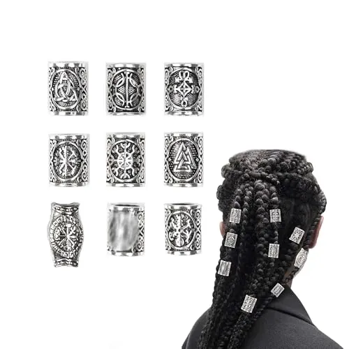 TUKEVA Juego de 9 cuentas vikingas para barba vikinga, para rastas y barba, juego de perlas vikingas nórdicas para mujeres y hombres, trenzas, decoración para trenzar el cabello, joyas de bricolaje