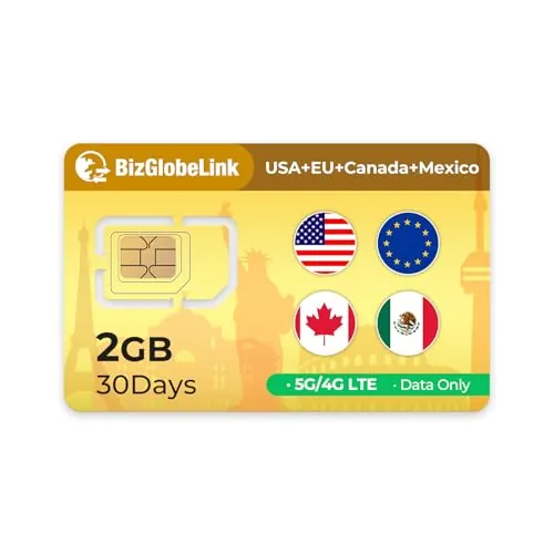 EIOTCLUB Tarjeta SIM de Viaje, 2 GB de Datos por 30 Días, Sirve en EE. UU., Canadá, México y 33 Países de Europa, Solo Datos, Sin Teléfono ni SMS, Plug and Play