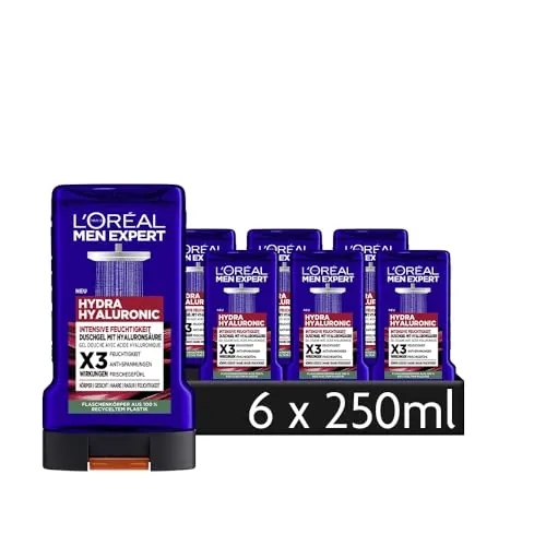 L'Oréal Men Expert Hyaluron Gel de Ducha y Champú para Hombres Baño de Ducha para Limpieza del Cuerpo, Cabello y Cara Hombre Cuidado Personal para Hidratación con Ácido Hialurónico Hydra Hialurónico 6
