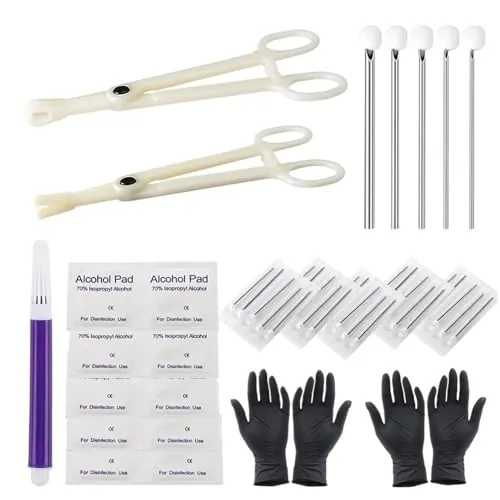 Rayyl 12G, 14G, 16G, 18G, 20G, juego de agujas y pinzas de plástico para accesorios de perforación, 40 piezas, acero inoxidable, sin piedras preciosas