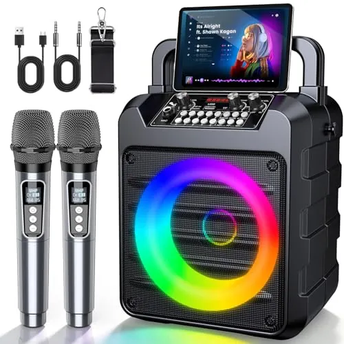 Karaoke 2 Microfonos Inalambricos, Profesional Altavoz Bluetooth Portátil