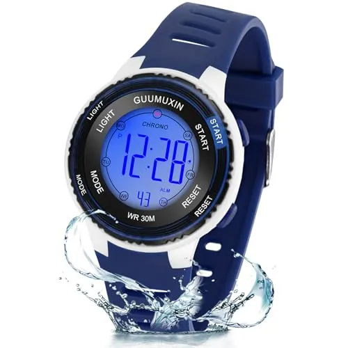 GUUMUXIN Reloj Digital para Niños, Relojs Deportivo con 7 Luces Indicadoras de Color, Pantalla de Reloj Acrílica, Resistente al Agua hasta 3 ATM, Relojs de Pulsera para Niñas y Niños