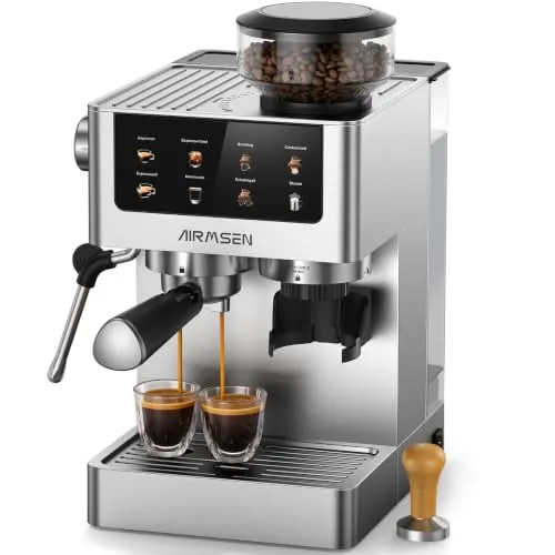 AIRMSEN 20 Bar Cafetera de Café Espresso con Molinillo Cónico y Vaporizador de Leche, Programable, Pantalla Táctil, Fabricada en Acero Inoxidable, 1.8L - Café Cold Brew y Americano, Espresso y Leche