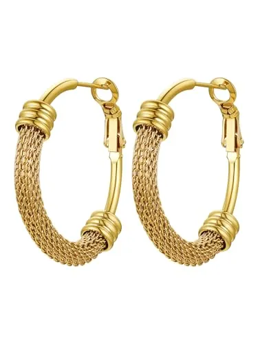 PROSTEEL Pendientes Mallas de Aros Pequeños 30mm Tono Oro, Pendientes de Coco Hombre Mujer Piercing de Oreja