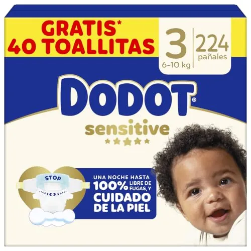 Dodot Pañales Bebé Sensitive, Talla 3 (6-10 kg), 224 Pañales + Regalo de 40 Toallitas Aqua Pure 99% Agua, Hasta 12 h De Protección Antifugas y Cuidado de la Piel, Pack Mensual