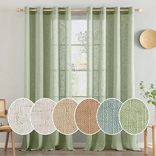 MIULEE Juego de Cortinas de Lino Translúcido de Dos Piezas con Ojales Cortinas Modernas para Dos Puertas de Balcón Cortinas para Salón Dormitorio 225x140cm (HxL) Verde